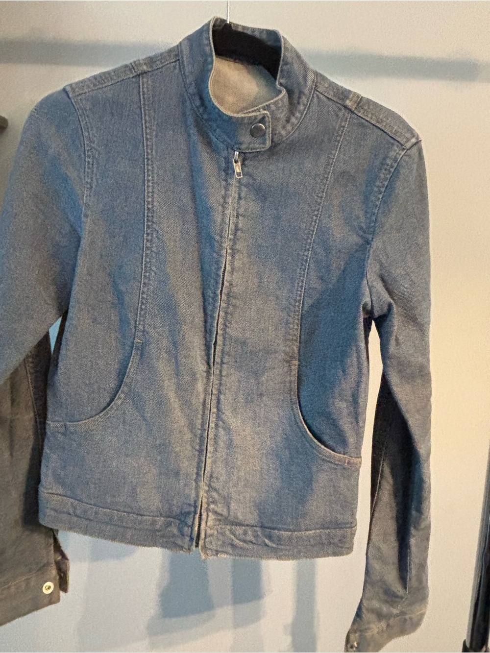 Theory Light Blue Jean Jacket with mandarin Snap and zipper size small - Picture 3 of 8
